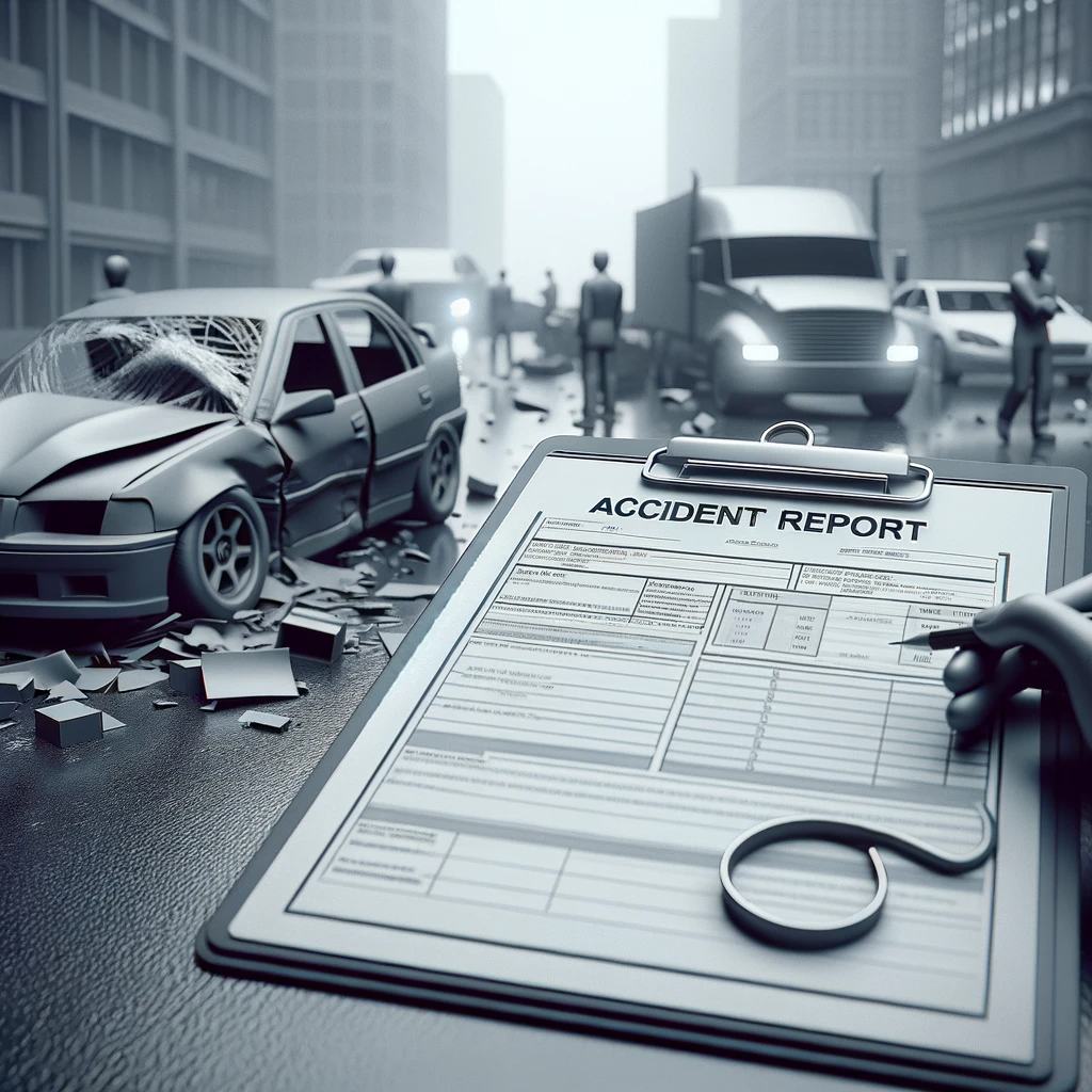 accident report clipboard with accident scene in background, in black and white