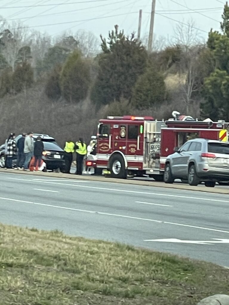 A fire engine with first responders tends to the scene of a car accident in Rock Hill, SC.