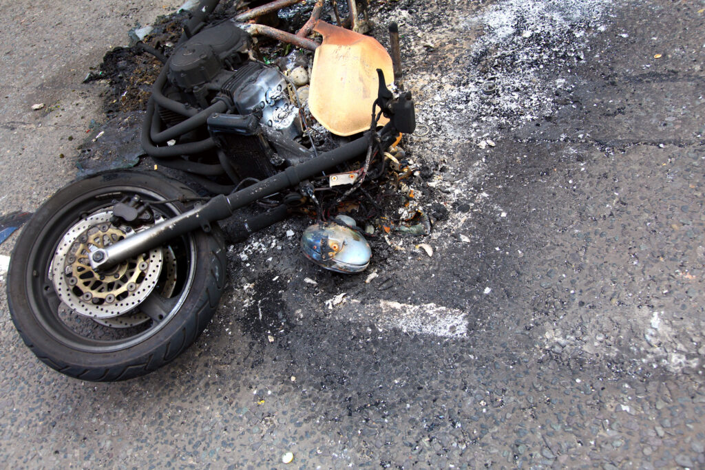 Remains of a burnt out motorbike after a motorcycle accident