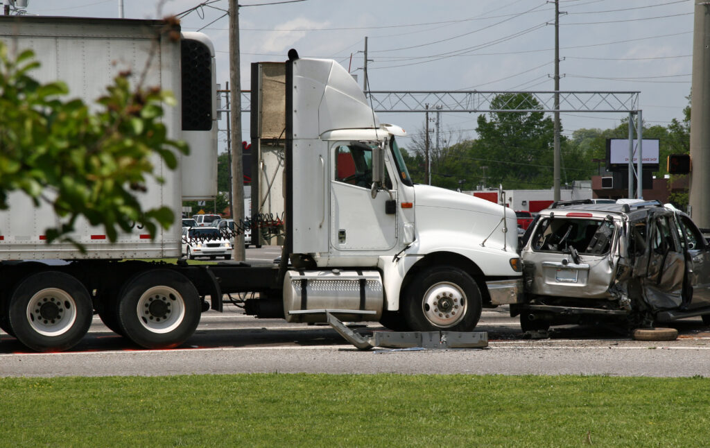 This big rig T-boned the other vehicle in an intersection, semi truck accident scene