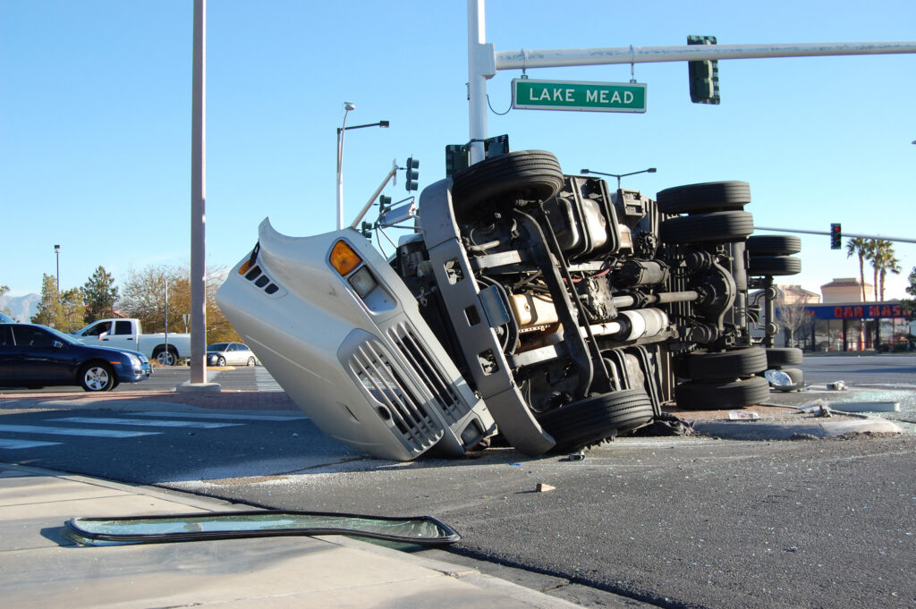 truck overturned in an intersection, truck accident scene