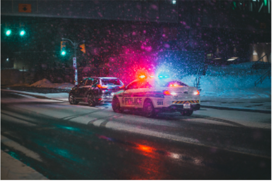 policía, coche, nieve