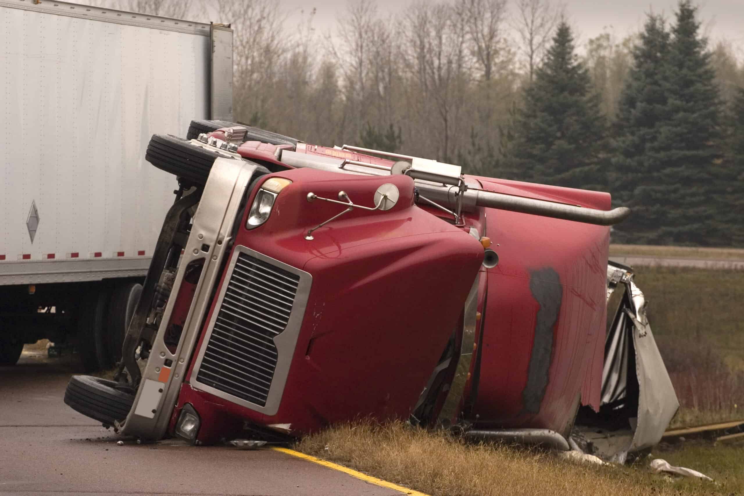 A semi-truck cab rolled over on its side after an accident in Concord, NC