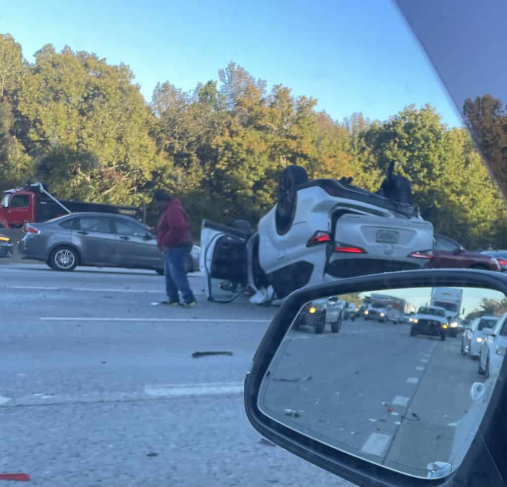 An overturned vehicle after an accident on I-85 in Charlotte, NC on October 17, 2024.